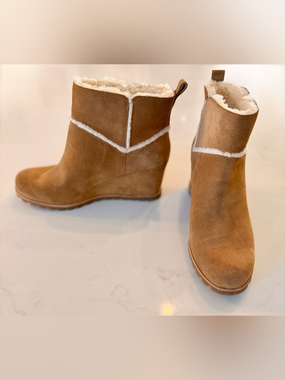 UGG Chestnut Suede Wedge Waterproof Ankle Boots with Shearling Trim. Size 11